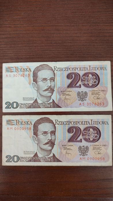 Dwa banknoty 20 zł PRL Romuald Traugutt 1982 r.
