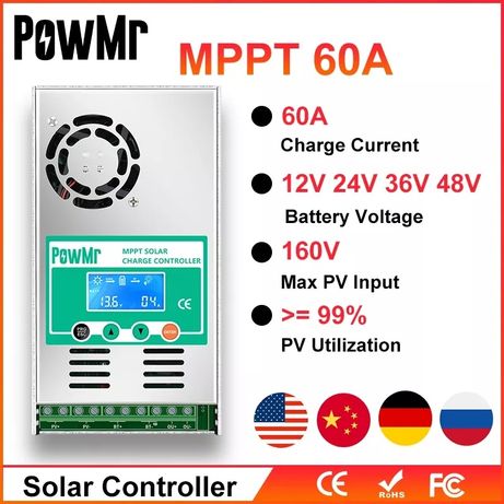 MPPT контроллер 12/24/36/48в, 60А PowMr заряда солнечных батарей
