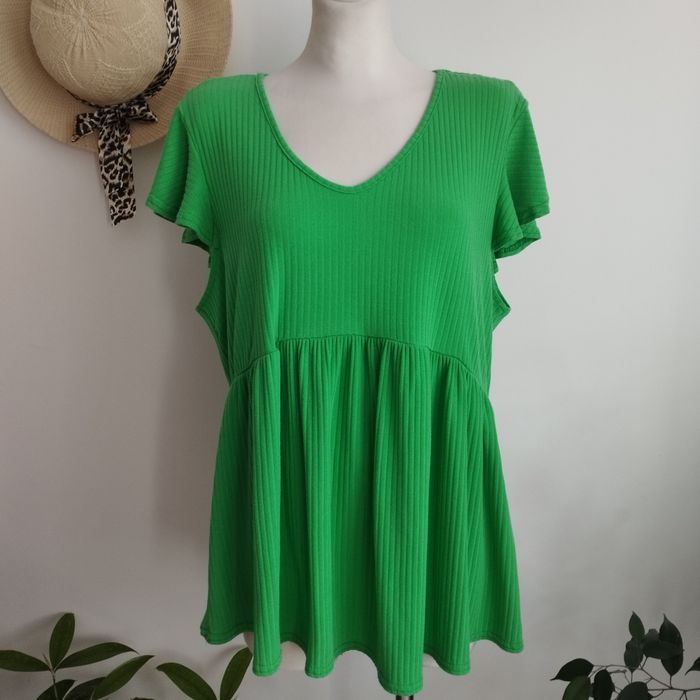 Zielona bluzka z baskinką George, elastyczna, krótki rękaw, r. 46