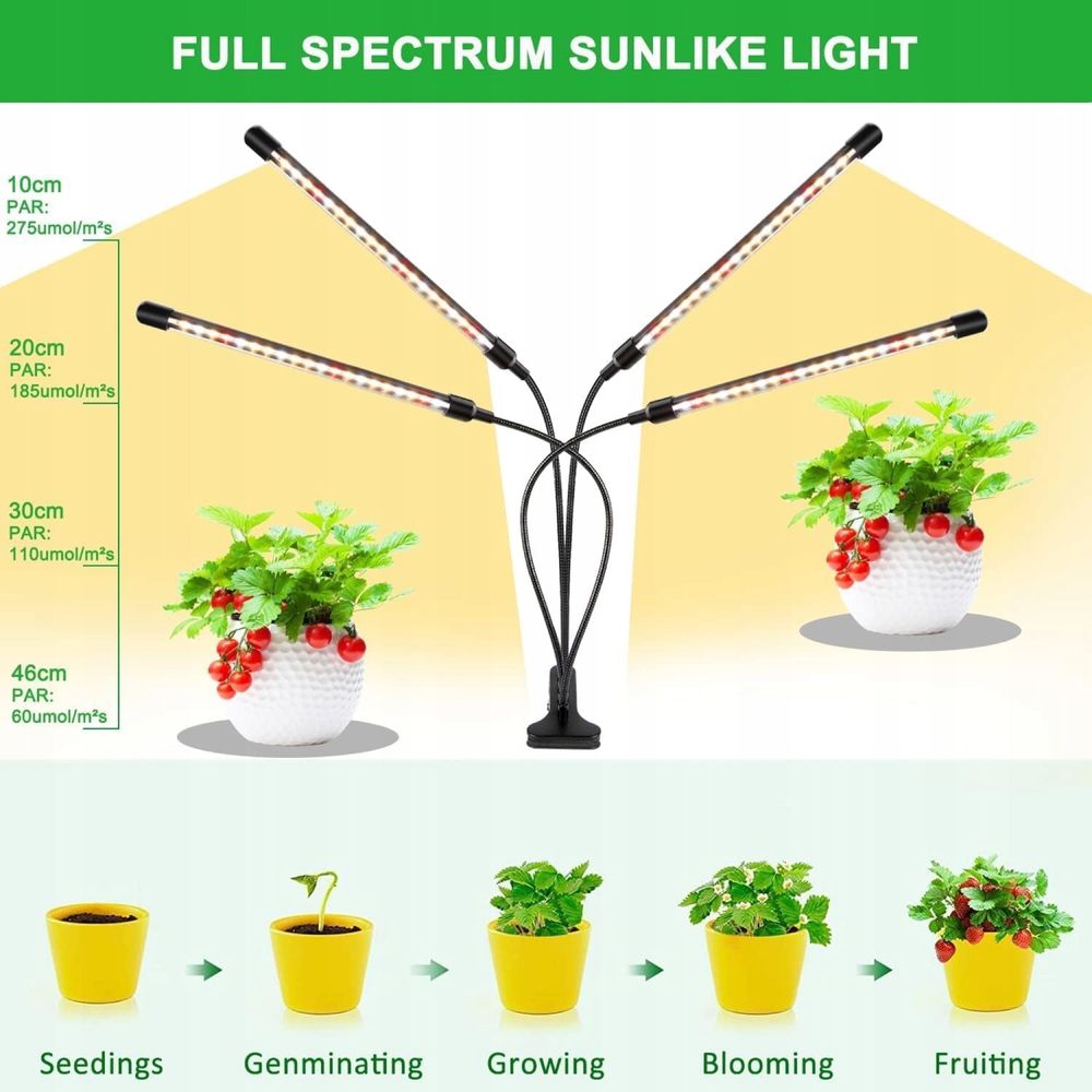 4-głowicowa lampa do roślin LED o pełnym spektrum z timerem 3/9/12H