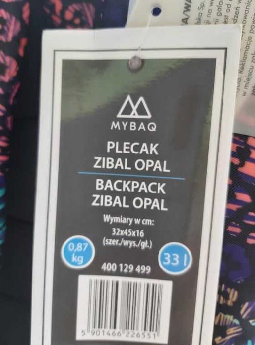 Plecak szkolny MYBAQ, zibal, opal, 33 litry. Nowy z kompletem metek.