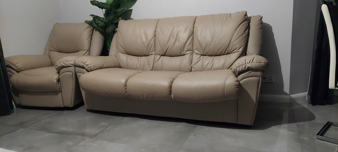 Skórzana sofa z funkcją spania  + 2 fotele rozkładanel- transport