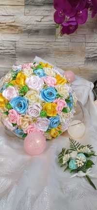 Bukiety ślubne, bukiety kwiatów ze wstążki satynowej