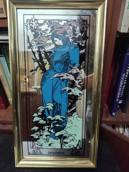 Quadro Espelho vintage Mucha art nouveau, estaçao de inverno