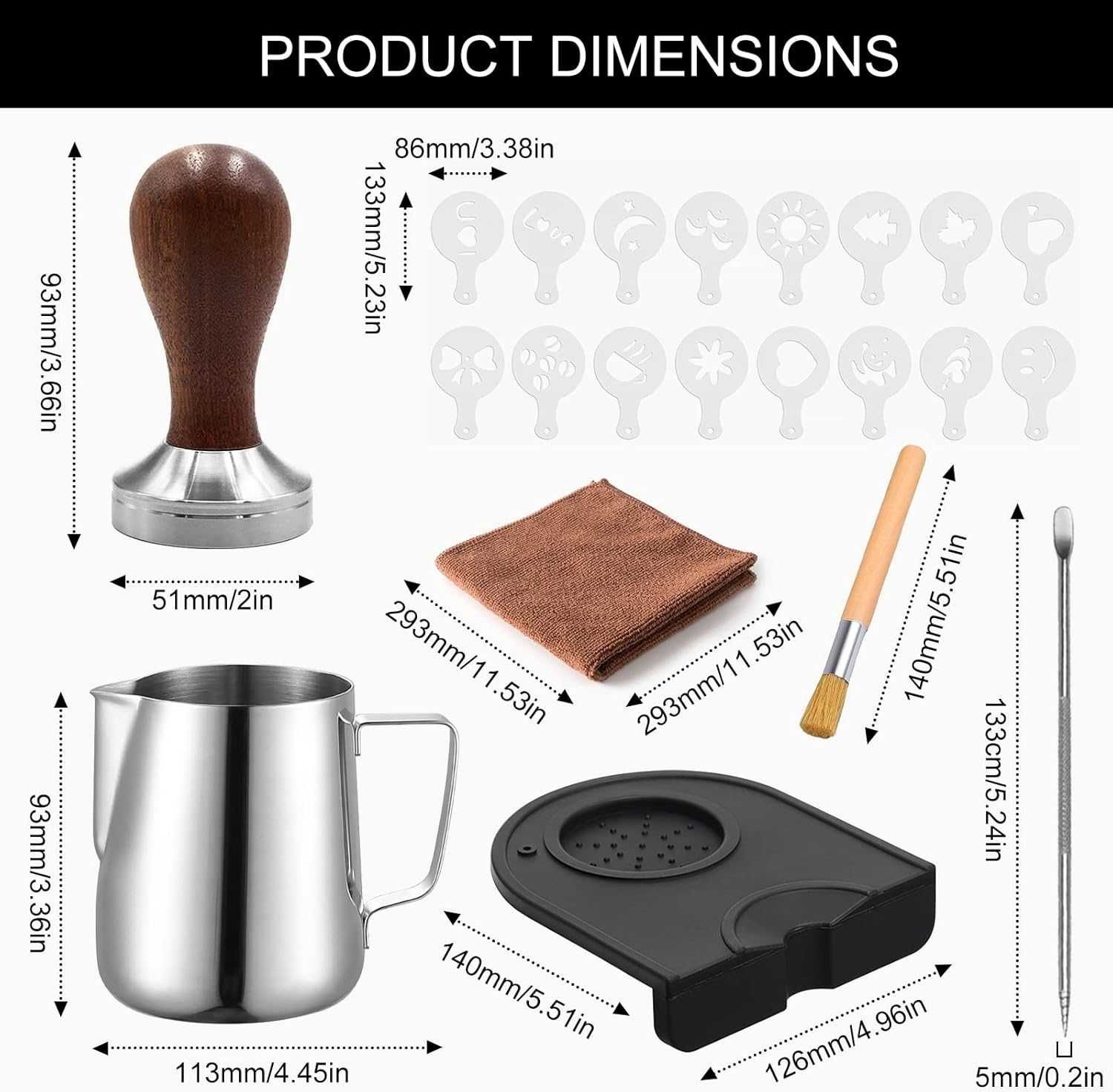 ZESTAW BARISTY tamper 51mm mata dzbanek do spieniania mleka 22 element