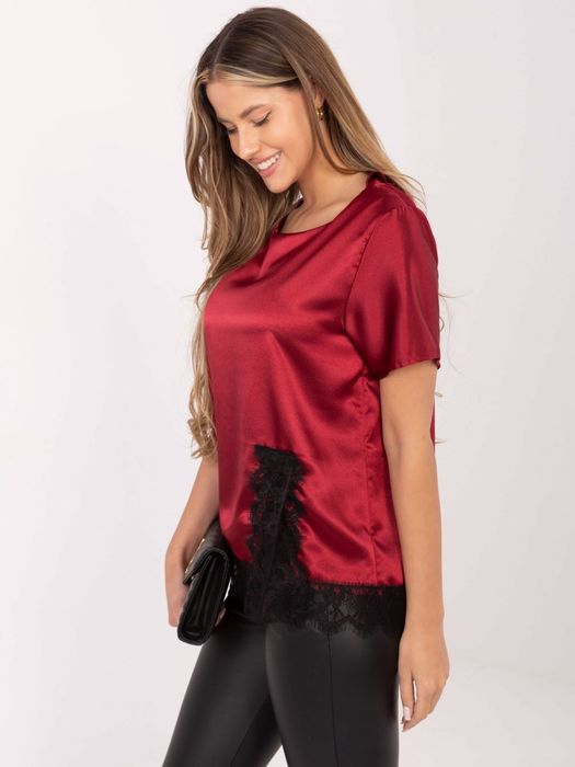 Bordowa Satynowa Bluzka Damska Elegancka z Koronką Krótki Rękaw