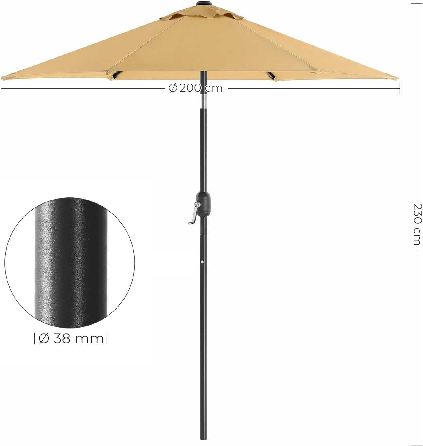 6M16 parasol przeciwsłoneczny ogrodowy 200x230cm  UPF 50+ z korbą