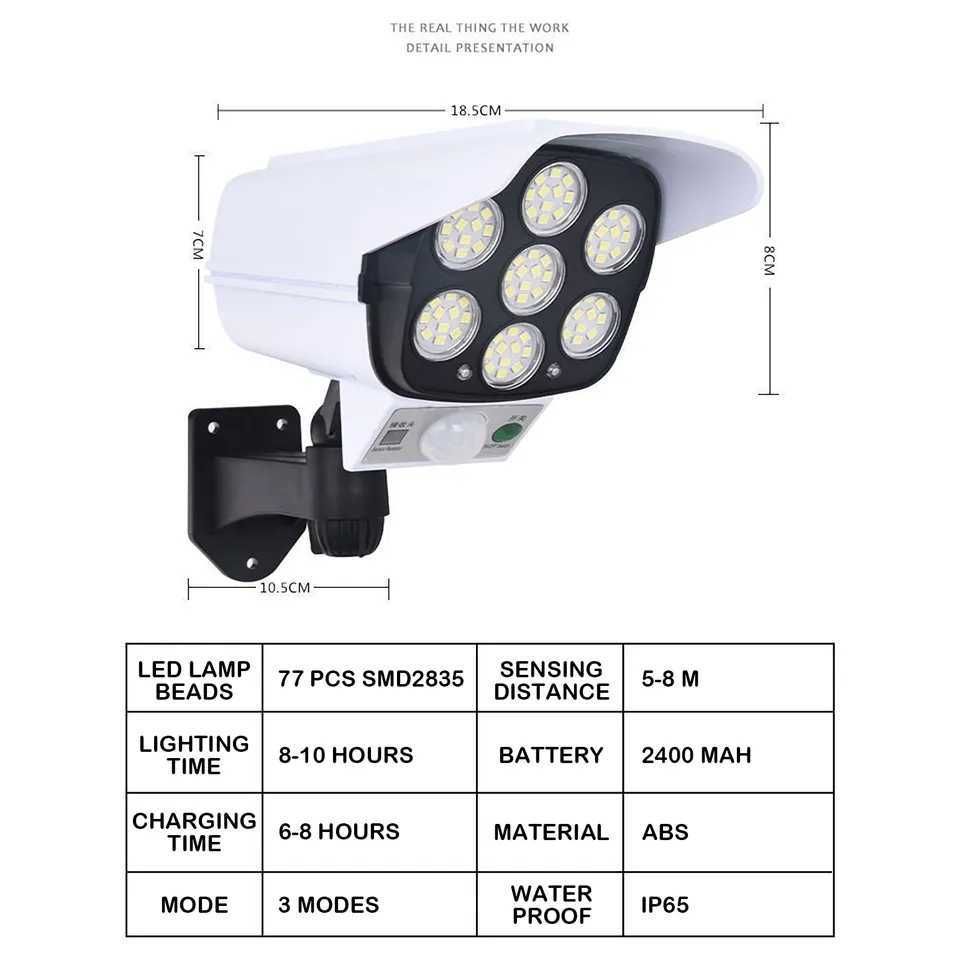 Lampa solarna LED z czujnikiem ruchu imitacja kamery pilot