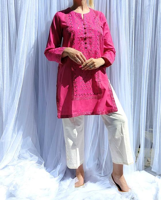 Różowa tunika boho S 36 bawełna róż złoto haft kameez hippie Bollywood