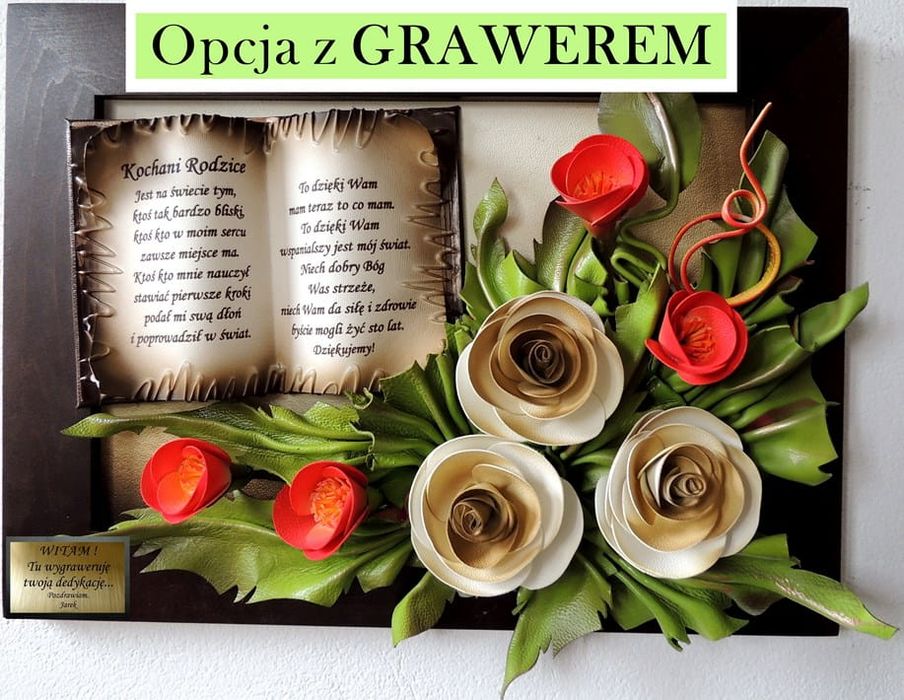 piękne podziękowanie dla rodziców - obraz z dedykacją i kwiatami