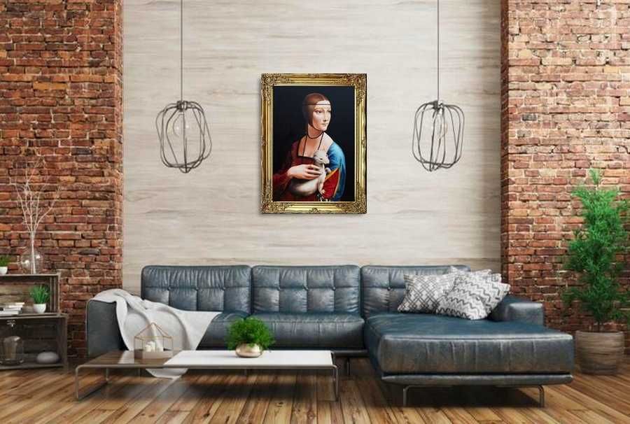 Obraz malowany L. DA VINCI DAMA Z GRONOSTAJEM z łasiczką rama złota