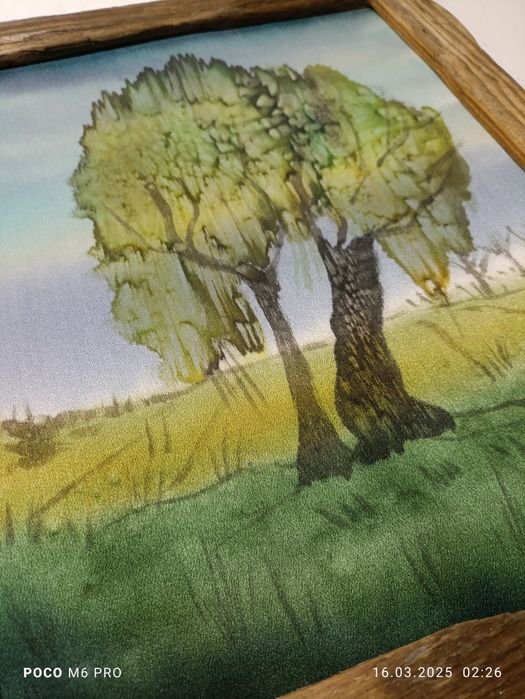 Obraz drzewo malowany na jedwabiu w drewnianej naturalnej ramie 36x39