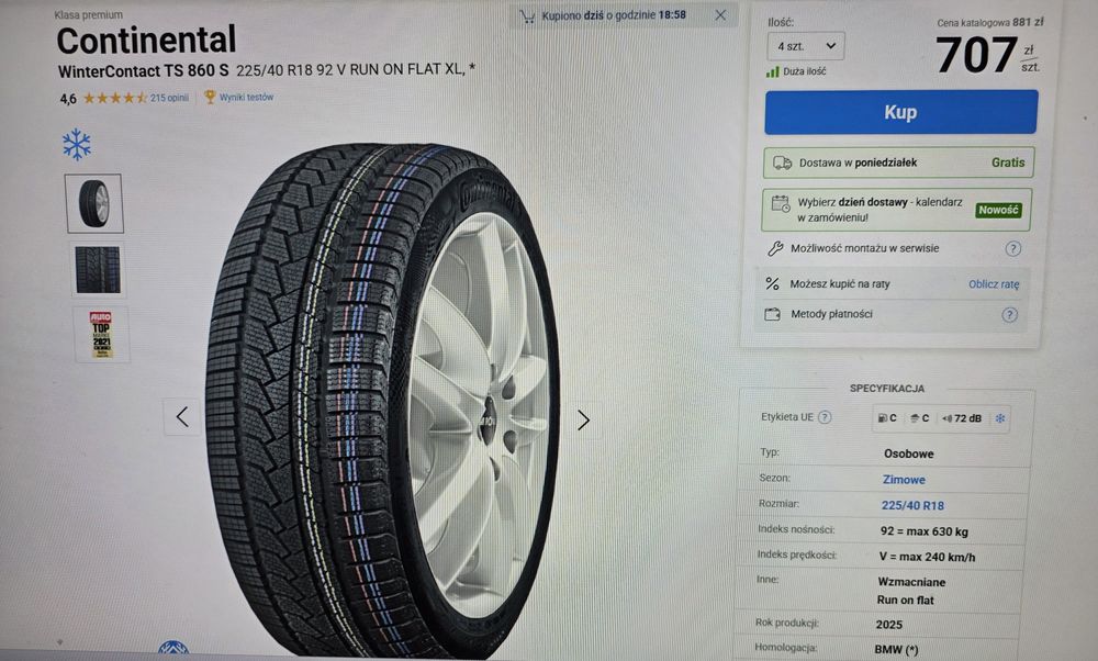Komplet opon 4 225/40/18 continental Wintercontact ts860s rsc BMW