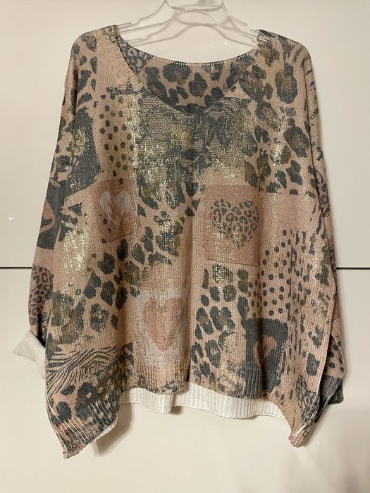 Nowy cieniutki sweterek, zwierzęcy print, złoto