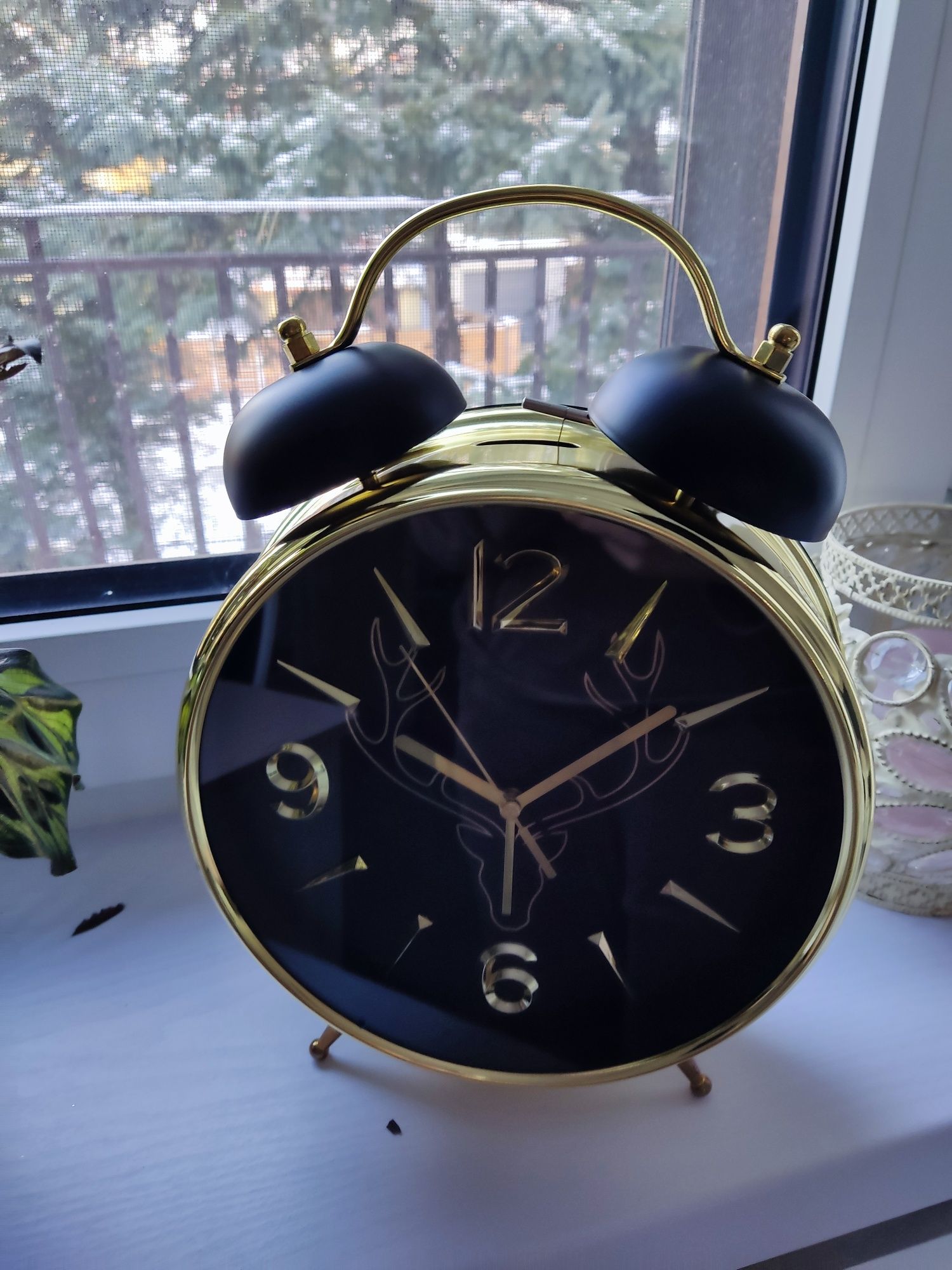 Duży zegar budzik złoto czarny z reniferem błyszczący Glamour nowy