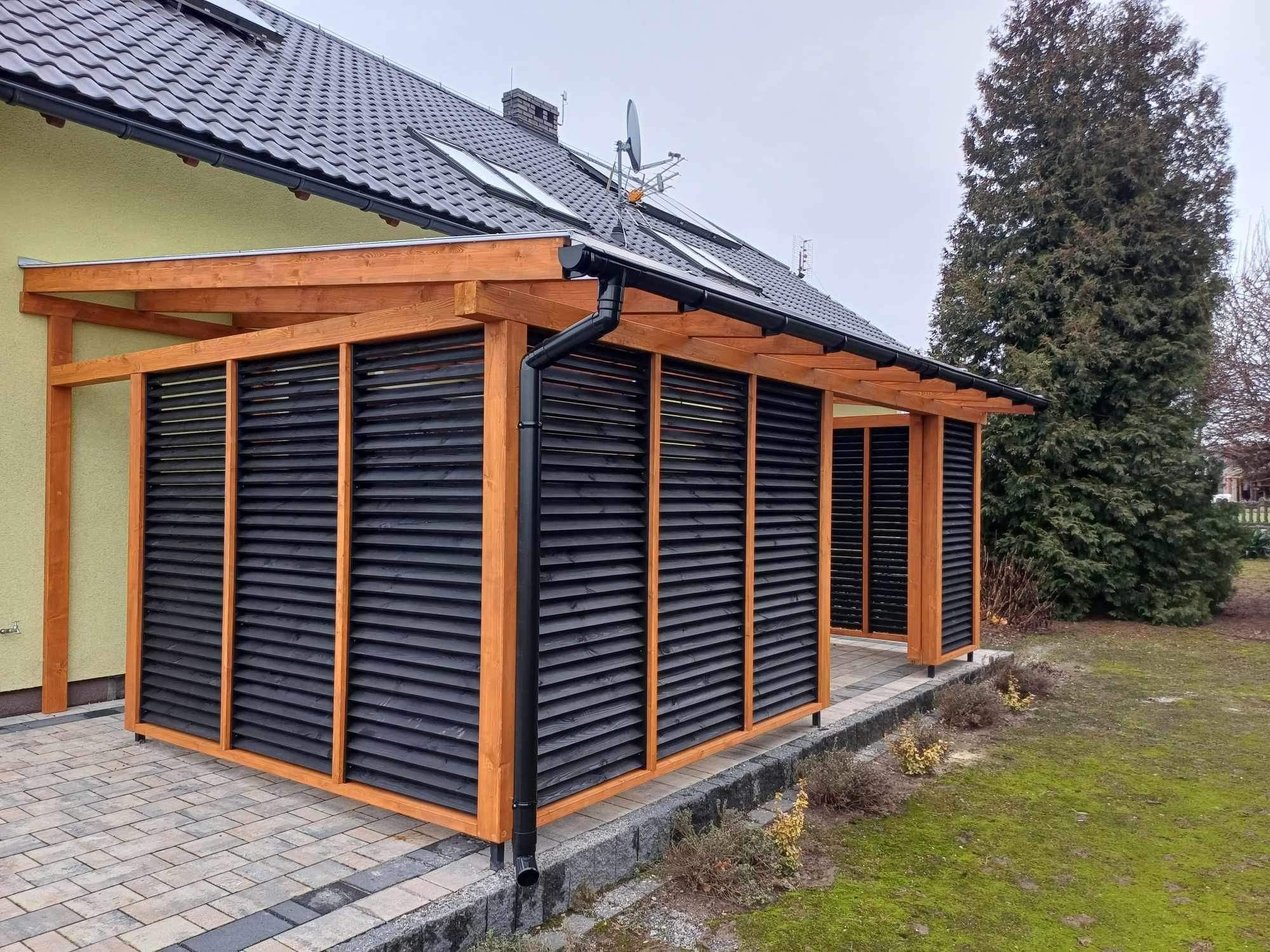 Zadaszenie tarasu poliweglnem komorwym shuttersy patio pergola