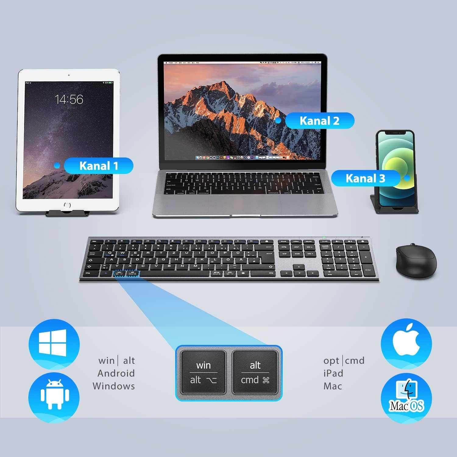 Klawiatura i Mysz bezprzewodowe, podwójny tryb (Bluetooth 4.2 + 2.4G)