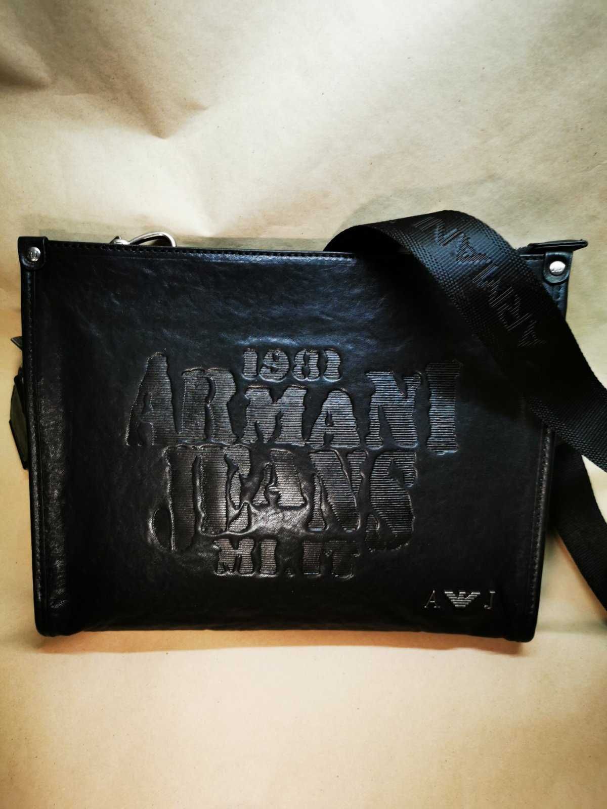Мужская чёрная кожаная сумка "Armani Jeans", Италия, оригинал, новая