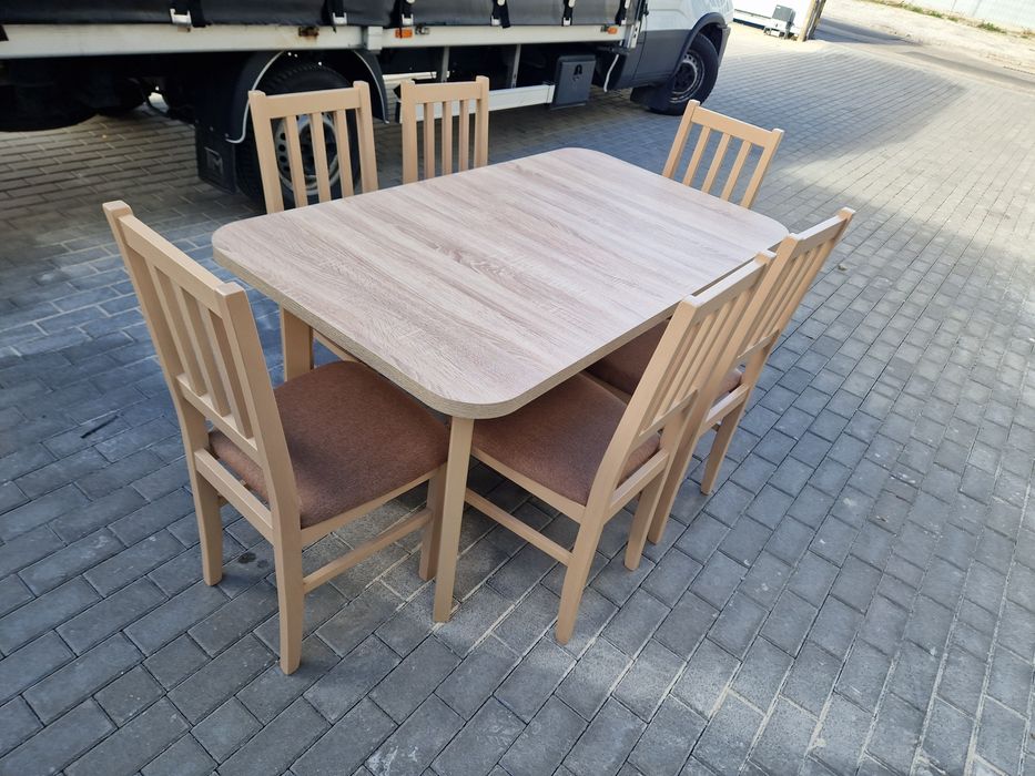 Nowe: Stół 80x140/180 + 6 krzeseł, sonoma + jasny brąz- szczebelki