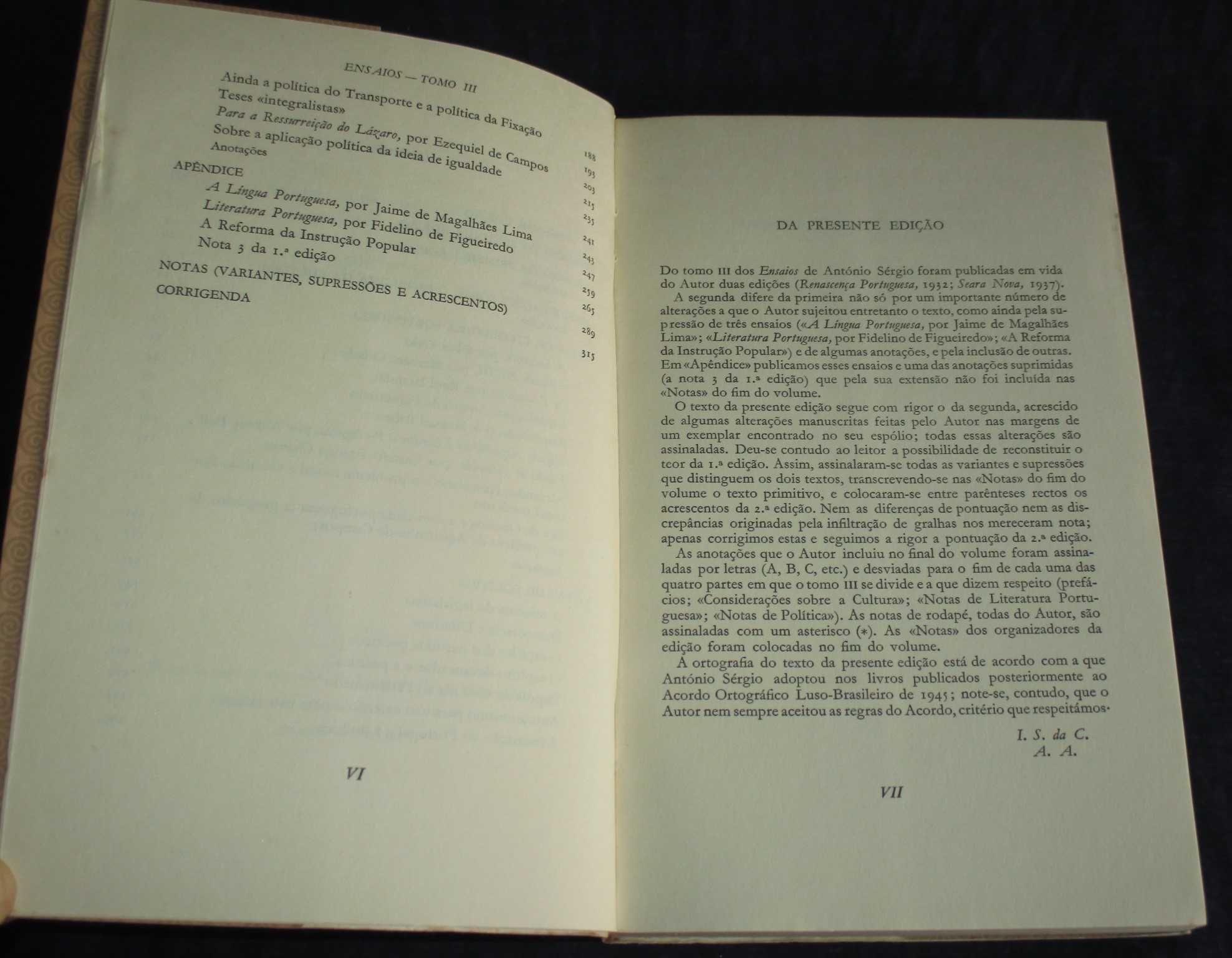 Livro Ensaios Tomo III António Sérgio Clássicos Sá da Costa 1ª edição