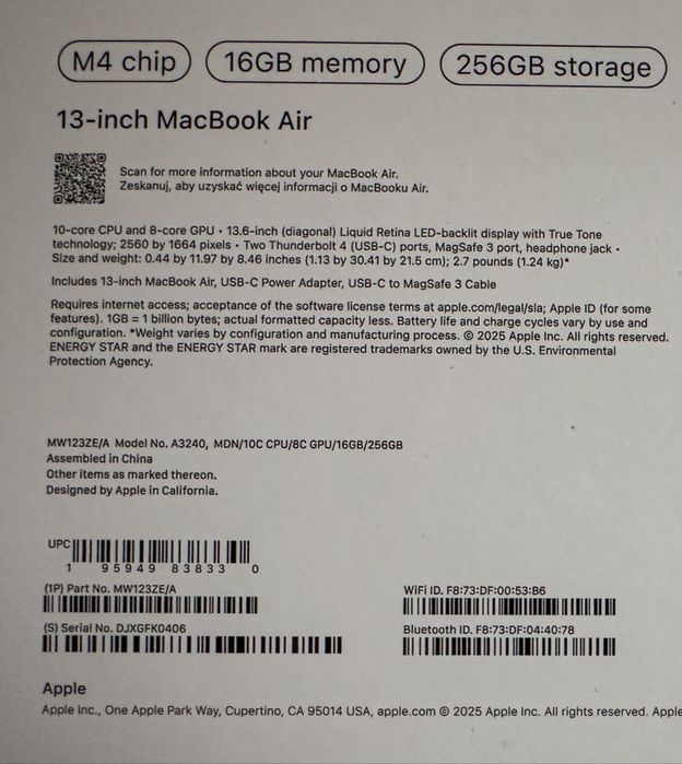 Apple MacBook Air M4 16/256GB, gw do 31.07.26r
