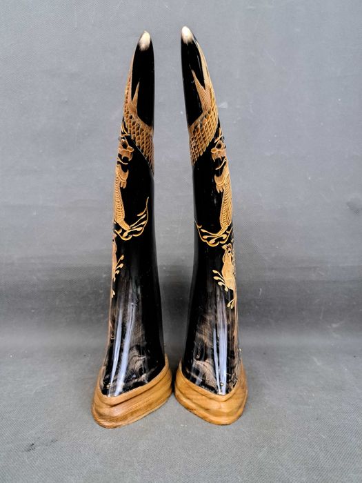 Chińskie rogi bawole, para, rzeźbione