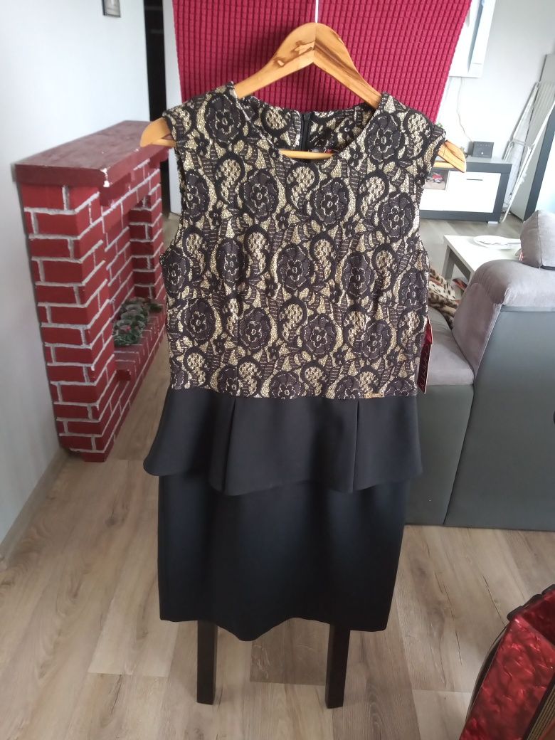 Nowa z metką sukienka złoto czarna z baskinką