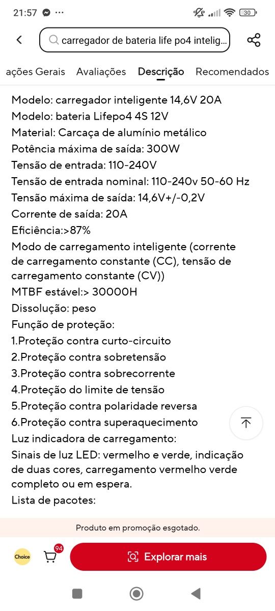 Carregador bateria lítio 4S 14.6V 20A - NOVO