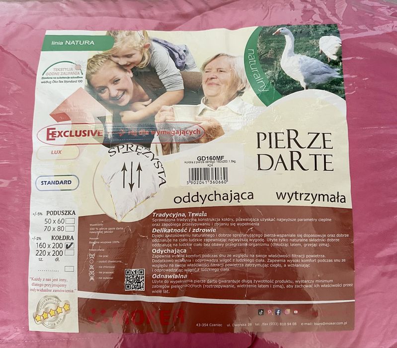 Kołdra puchowa 100% Pierze Darte - Sprężysta 160x200 1.8kg NOWA