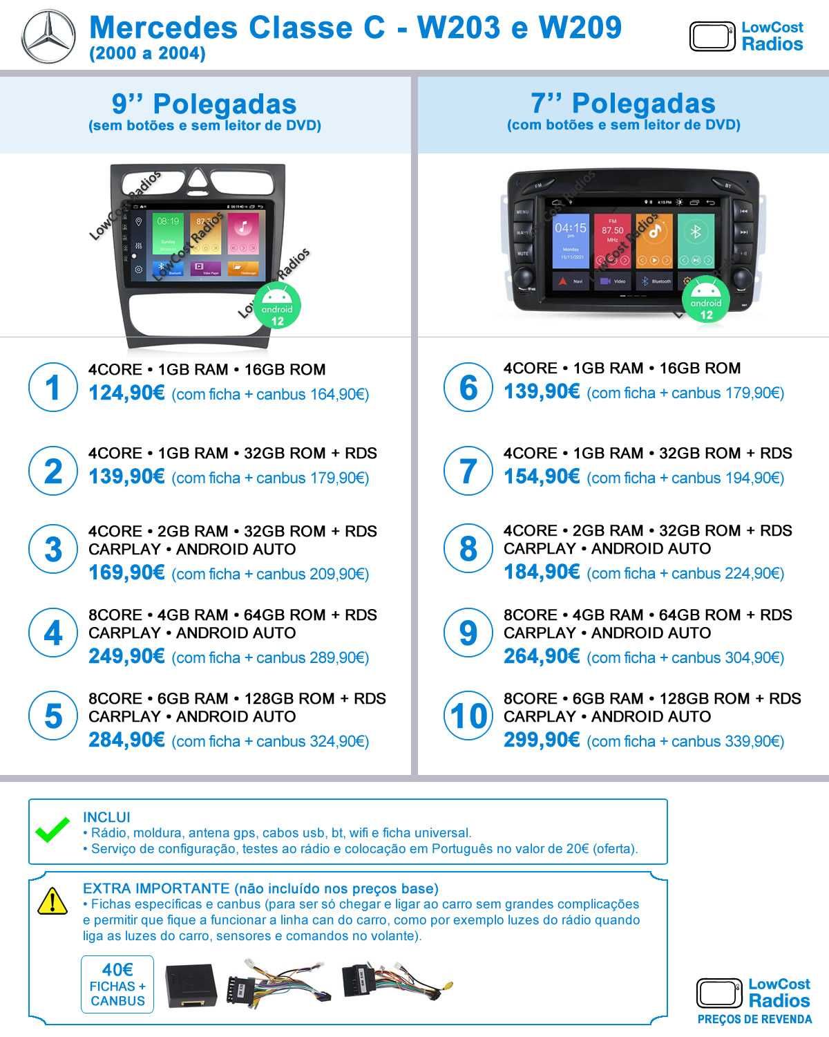 2024 (ANDROID) Auto Rádio GPS Mercedes Benz Class C - W203, W209, Vito