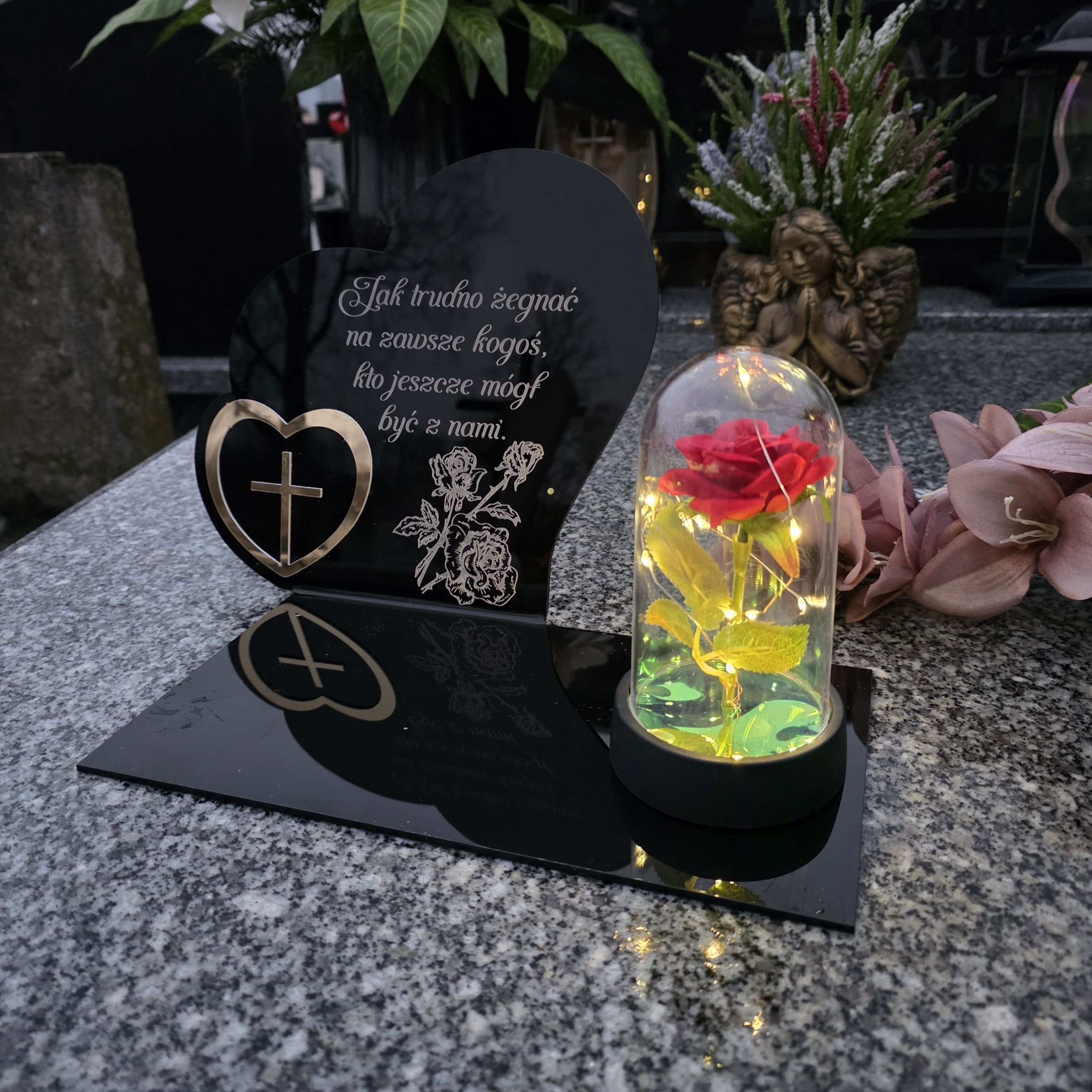 Dekoracja na grób znicz podstawka na cmentarz lampka led wieczna róża