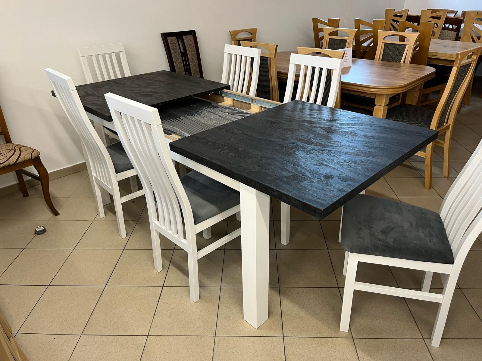 Stół 160/210/90 beton czarny + 6 białych krzeseł od ręki