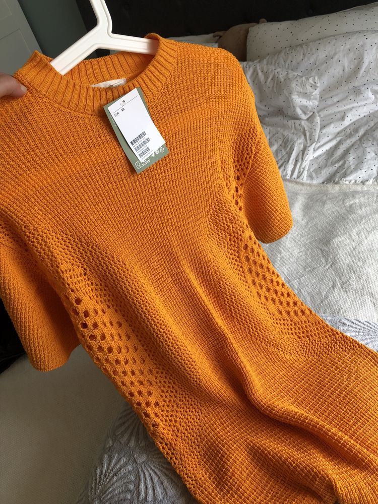 H&M nowa sukienka szydełkowa dzianinowa XS pomarańczowa