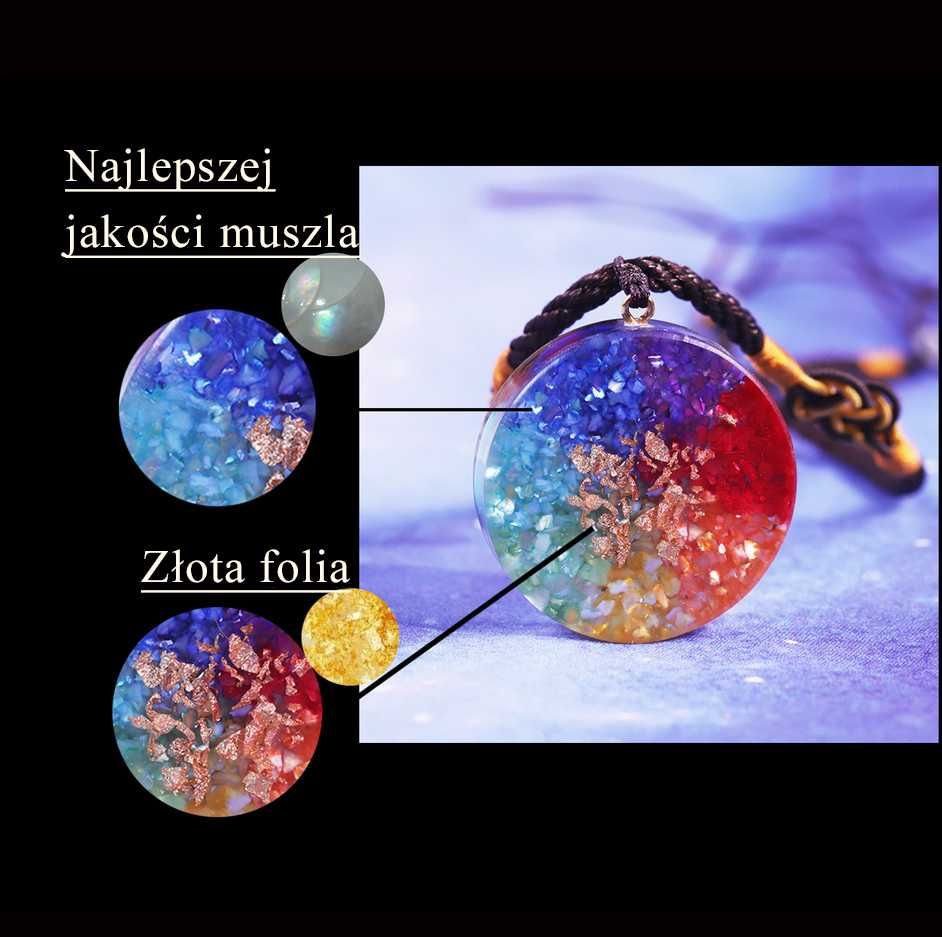 Piękny Naszyjnik Orgonit Śri Jantra Chalcedon Turkus Jaspis Muszla