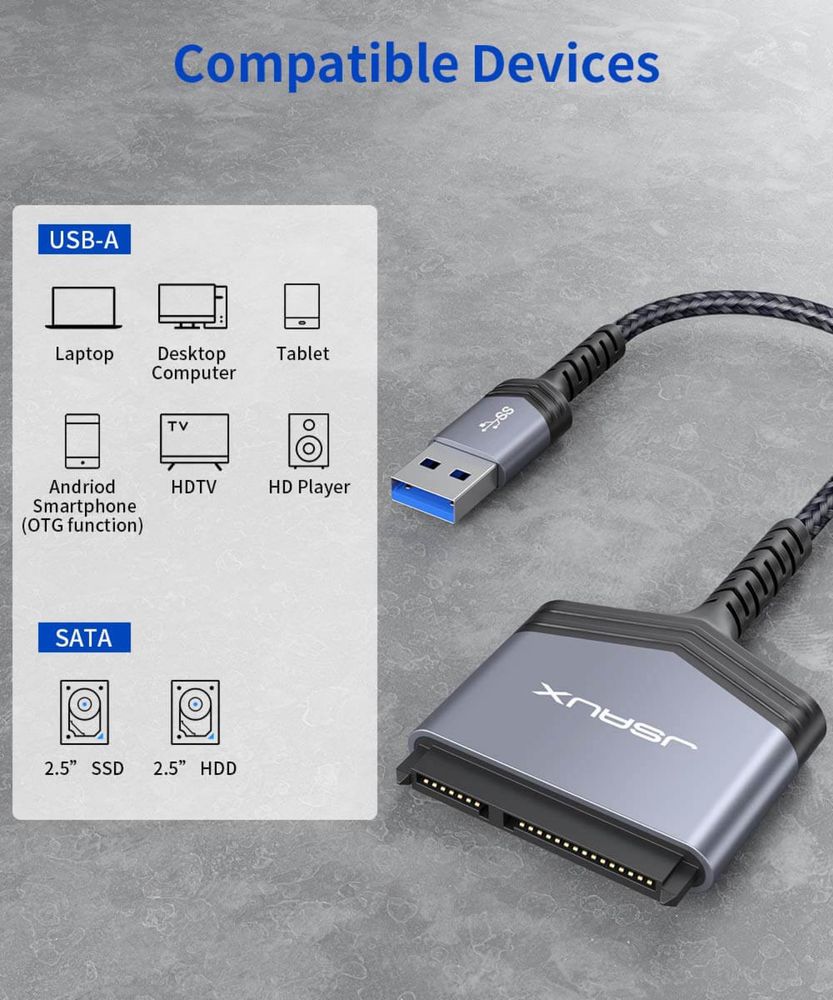 Перехідник Адаптер Jsaux Sata-usb, USB 3,0, 2,5 дюйма, SATA III grey