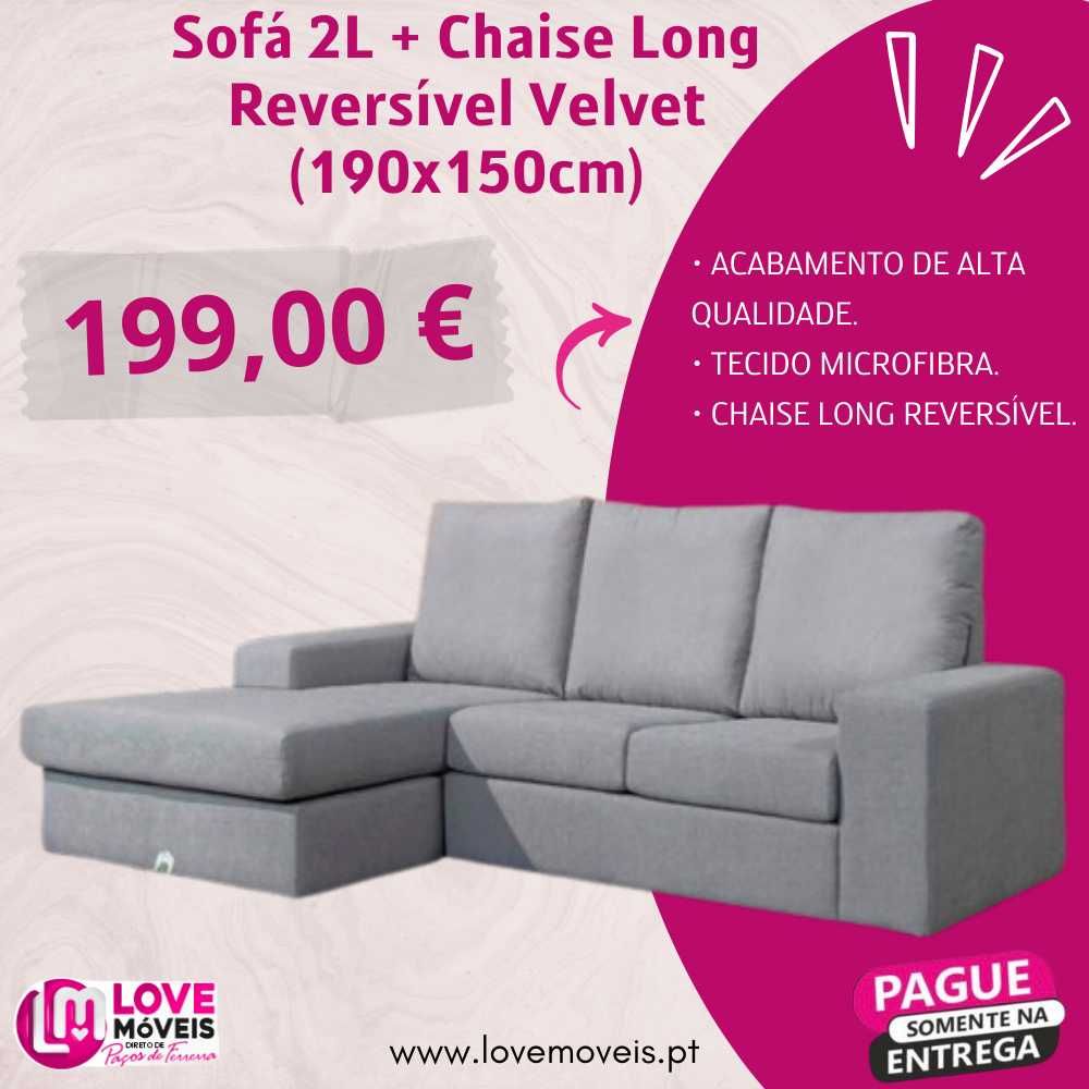 Sofá 2L + Chaise Long Reversível Velvet (190x150cm)