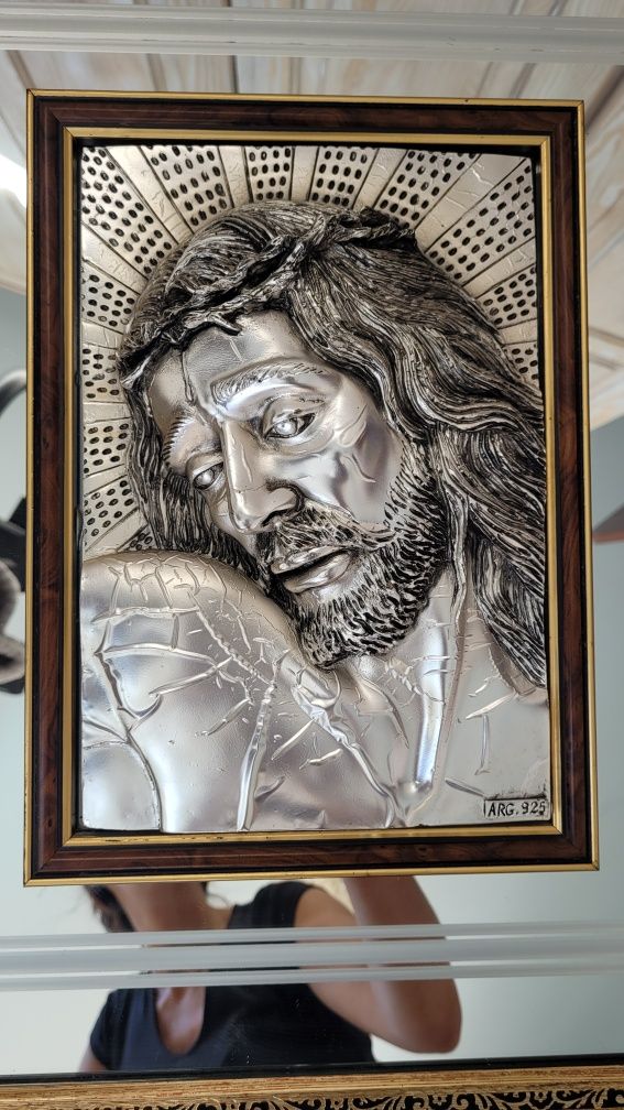 Płaskorzeźba obraz srebro lustro Pan Jezus