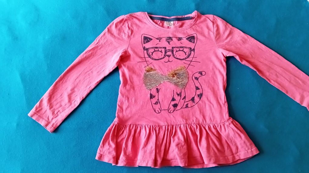 2x koszulka z długim rękawem - longsleeve, kot + cekiny, rozmiar 116