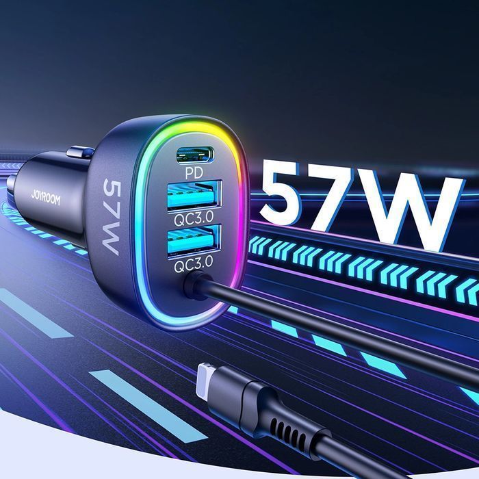 Joyroom ładowarka samochodowa 4w1 z kablem Lightning 1,6m 57W czarny