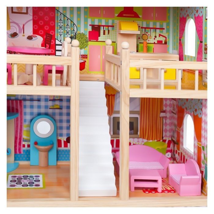 Duży drewniany domek z meblami 3 piętra + dodatki + schody + łóżeczka