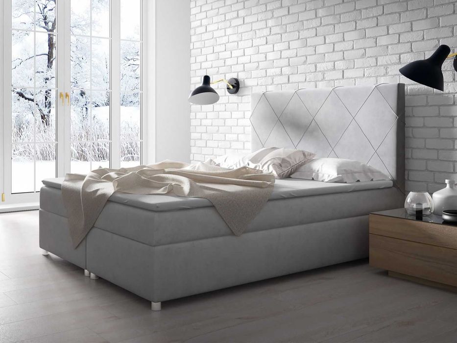 Kontynentalne łóżko z materacem + pojemnik, różne wezgłowia 200x200 cm