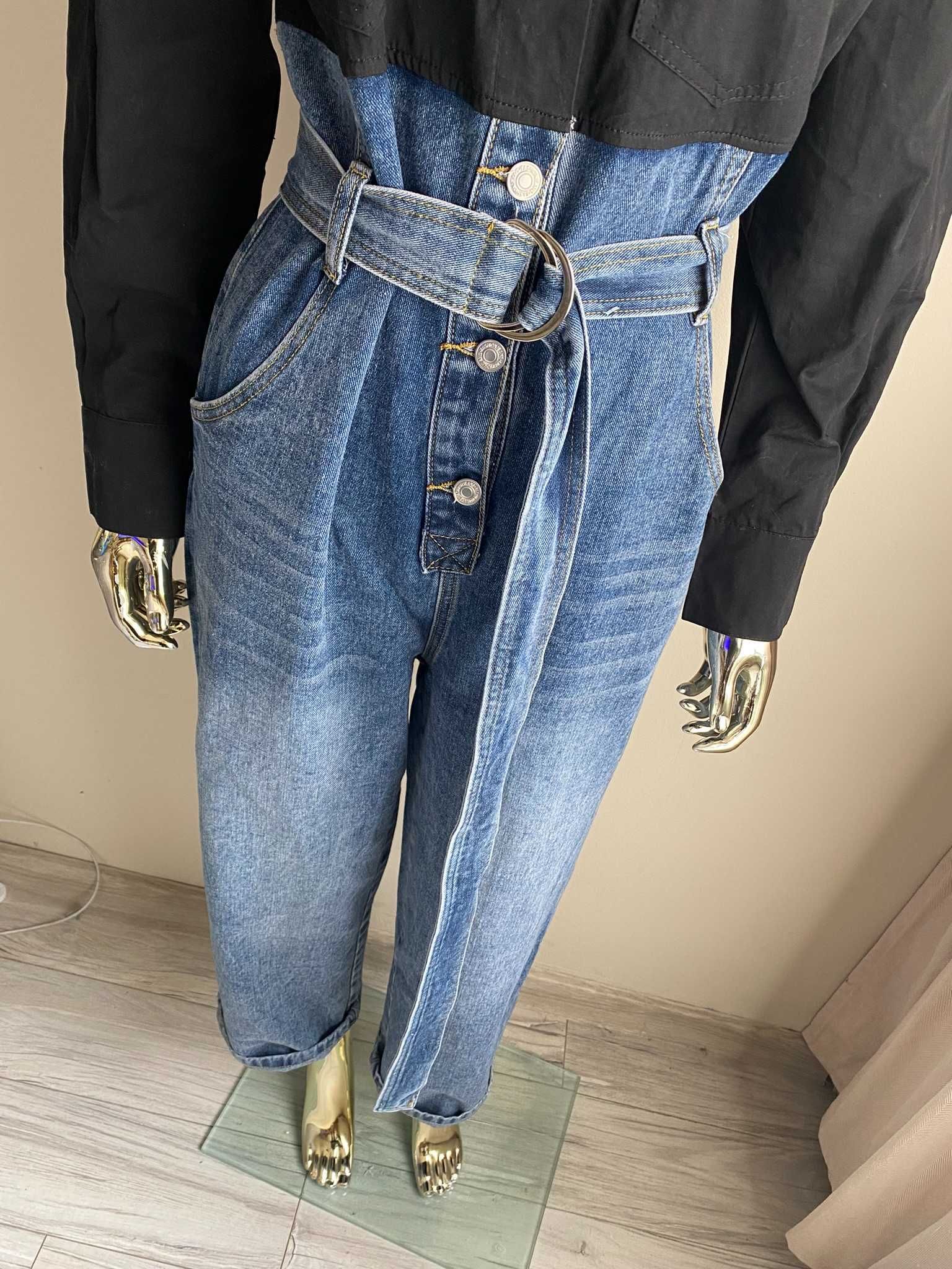 Mochy nowy kombinezon jeansowy łączony z  koszulą szeroka nogawka S-M