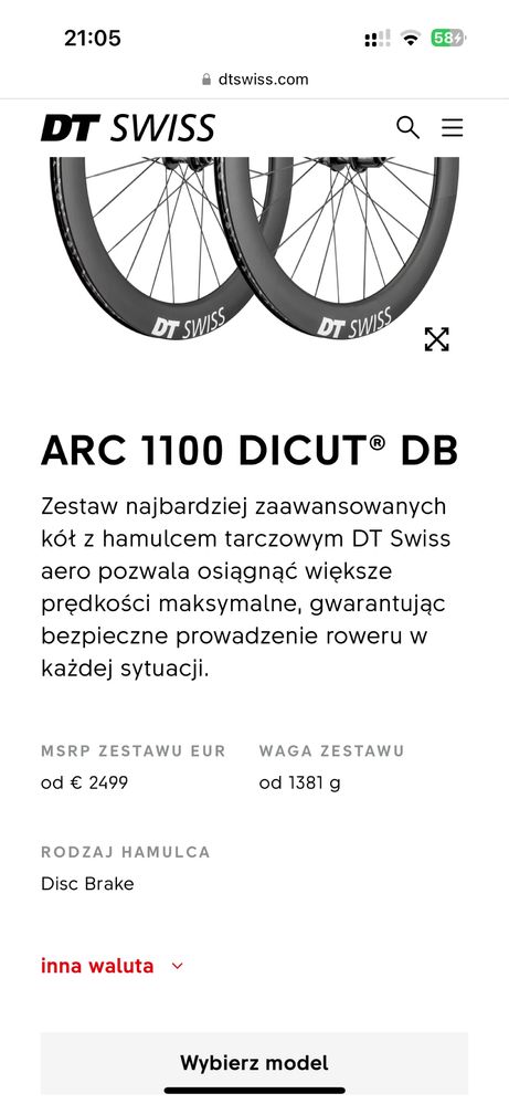Koła DT SWISS arc 1100 dicut dt aero continental gp5000
