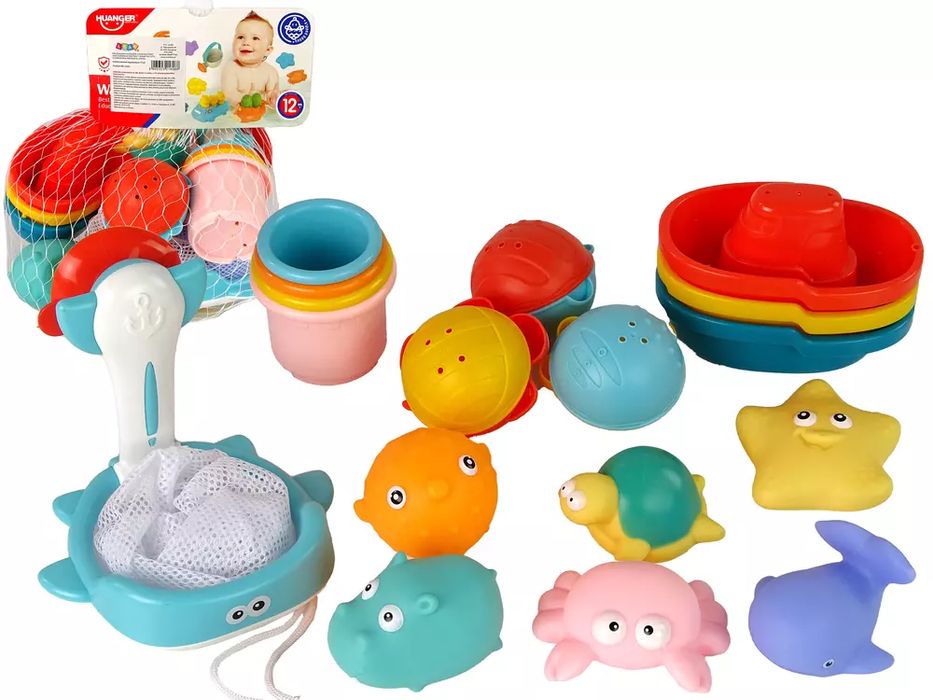 Zwierzęta morskie + podbierak + łódki, 17 elementów. Leantoys
