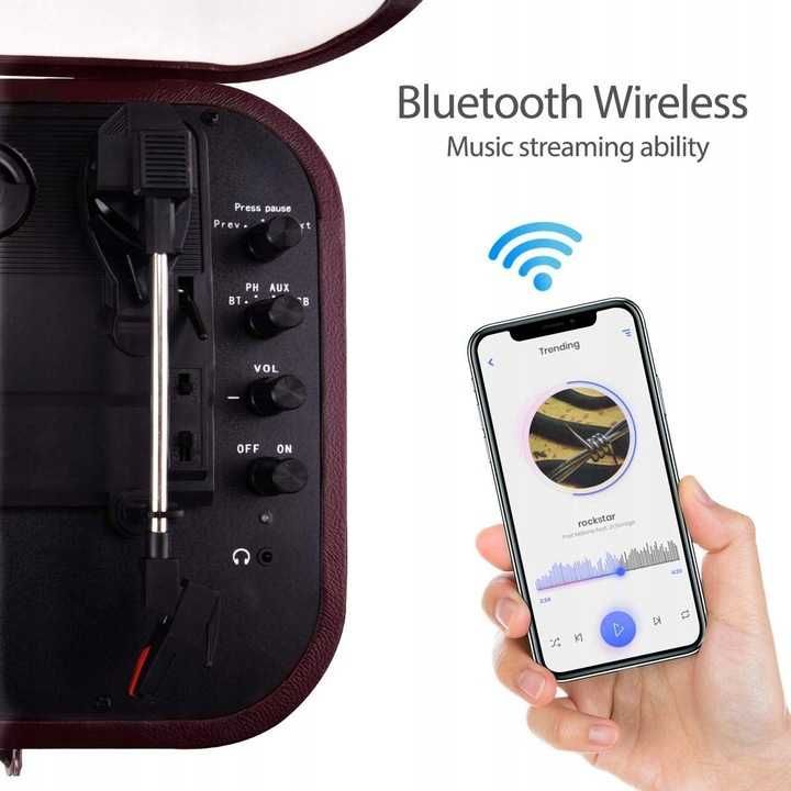 Gramofon Voksun S300 brązowy walizka Bluetooth AUX USB SD