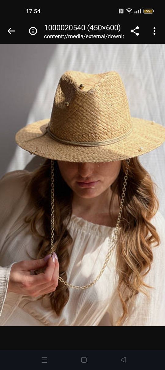 Капелюх жіночий солом'яний федора з ланцюгом D.Hats колір бежевий
