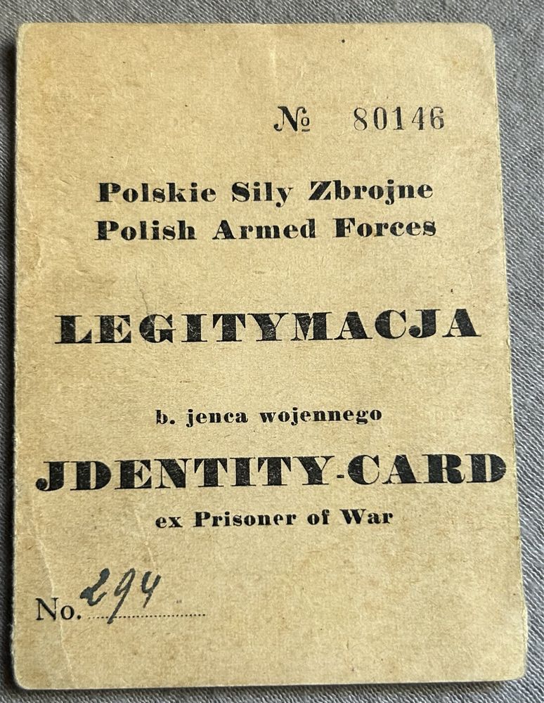 Legitymacja b. jeńca wojennego PSZ nr 80146 Kraśnik