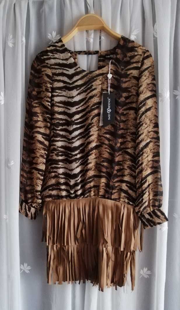 Sweet Revenge boho frędzle zwierzęcy pantera leopard coffee camel XS