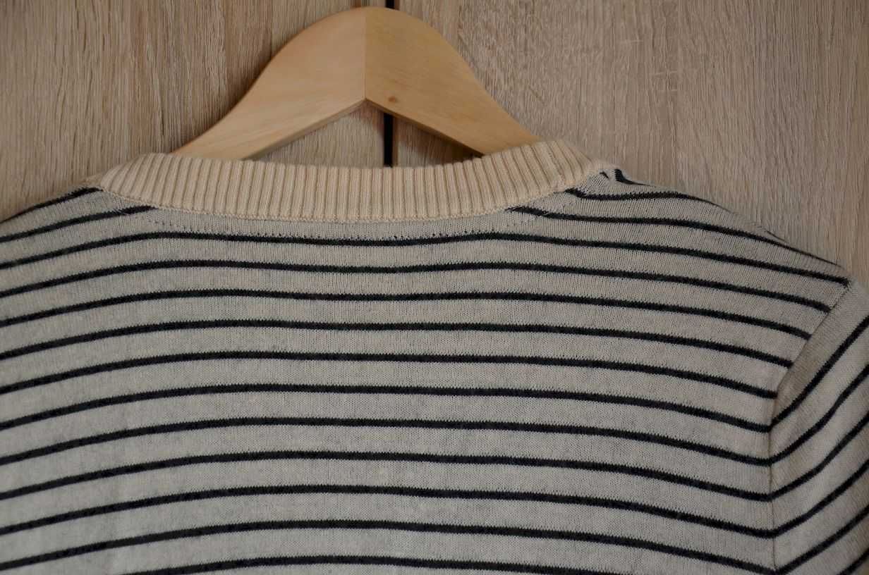 Sweter kardigan długi w paski wełniany ciepły M L z kieszeniami