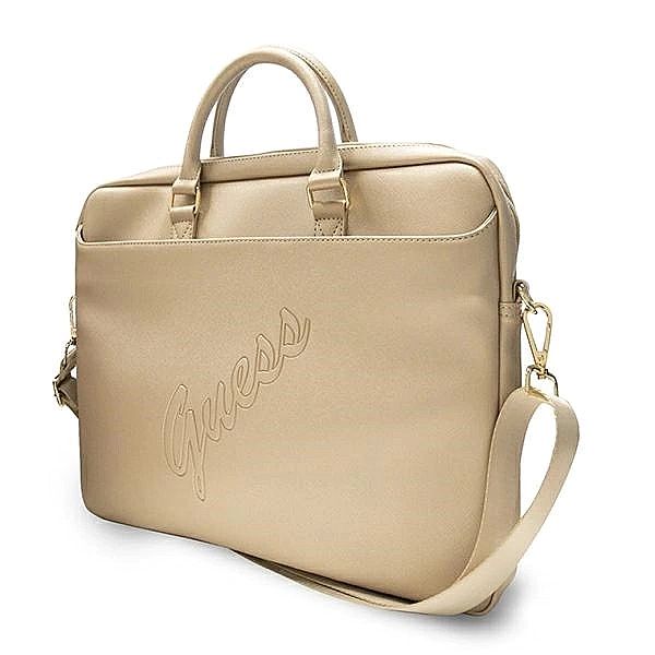 Torba Guess Saffiano Script na laptopa 16" - złota